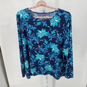 Lands End Womens Paisley UPF Long Sleeve Top Size 3X Blue Stretch Artsy Boho